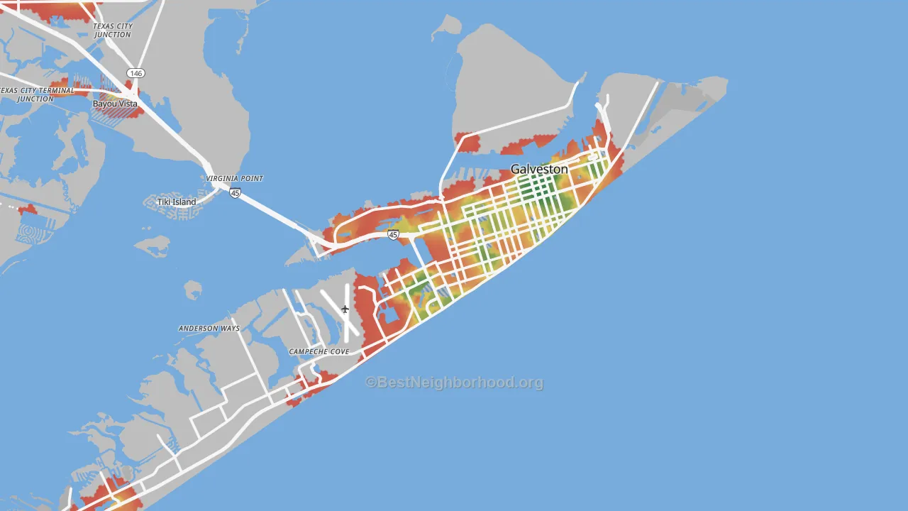 Walk Grade map of Galveston, TX, walkable areas in green and car-dependent areas in red