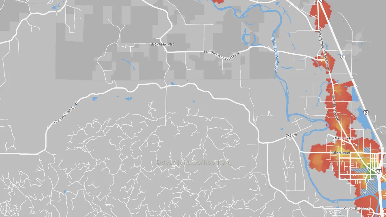 Walk Grade map of Galvin, WA, walkable areas in green and car-dependent areas in red