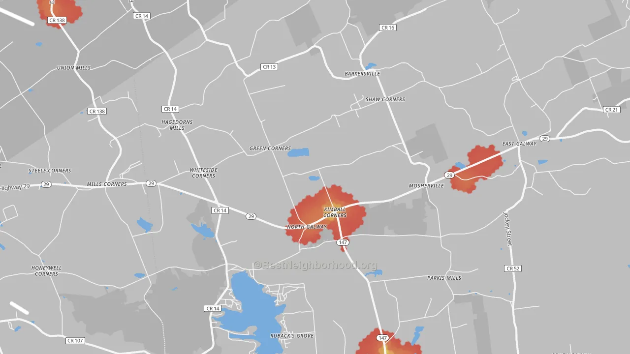 Walk Grade map of Galway, NY, walkable areas in green and car-dependent areas in red
