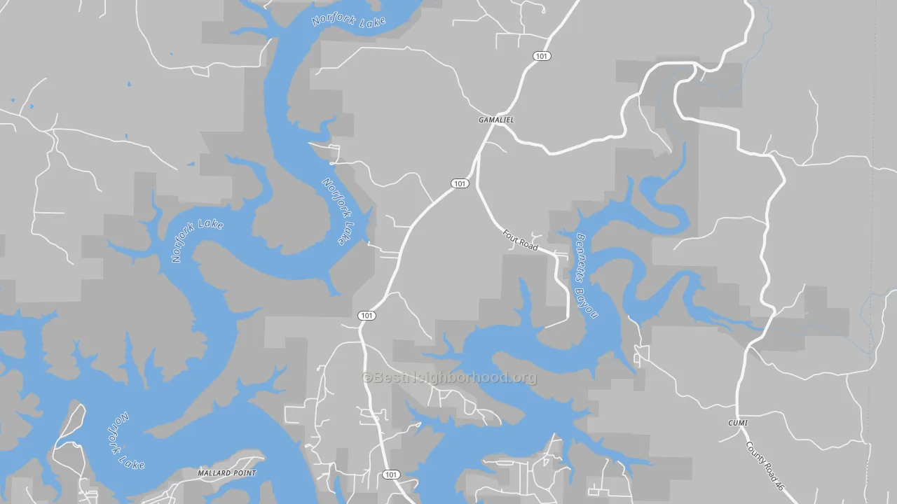 Walk Grade map of Gamaliel, AR, walkable areas in green and car-dependent areas in red