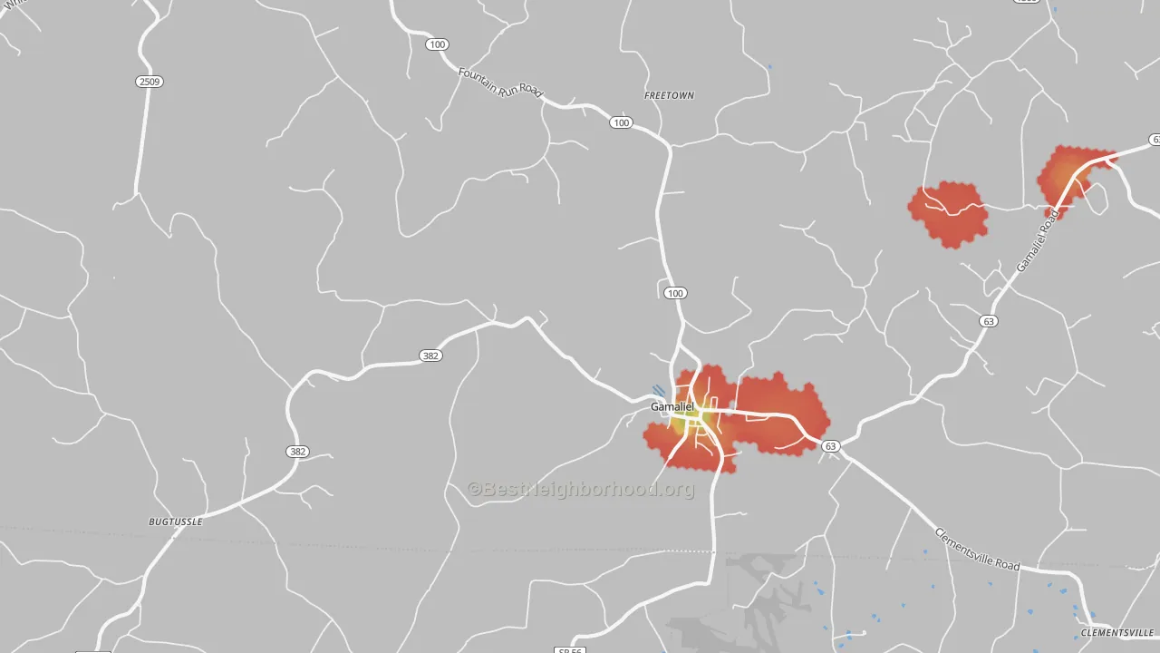 Walk Grade map of Gamaliel, KY, walkable areas in green and car-dependent areas in red