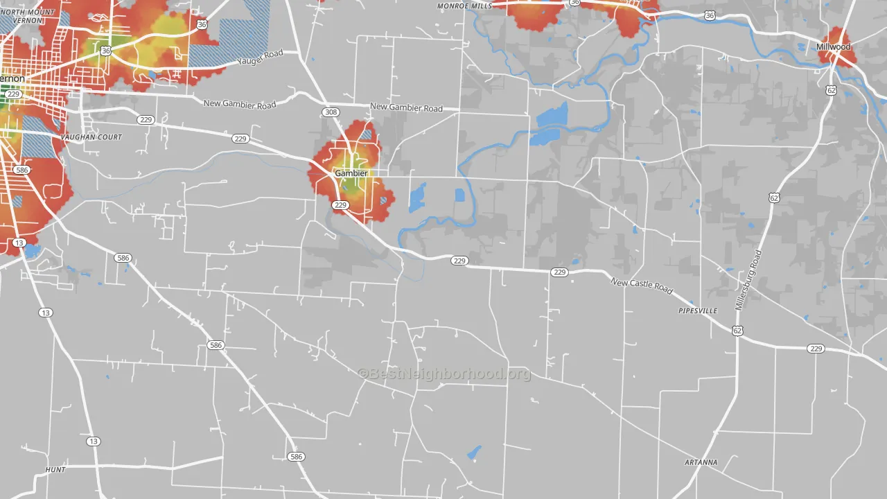 Walk Grade map of Gambier, OH, walkable areas in green and car-dependent areas in red