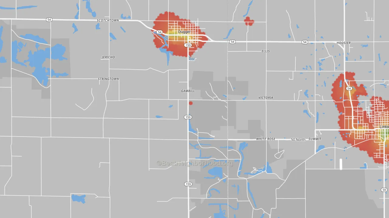 Walk Grade map of Gambill, IN, walkable areas in green and car-dependent areas in red