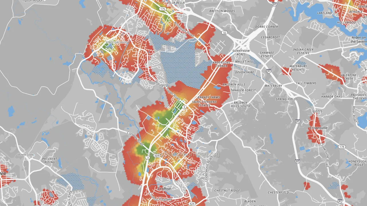 Walk Grade map of Gambrills, MD, walkable areas in green and car-dependent areas in red