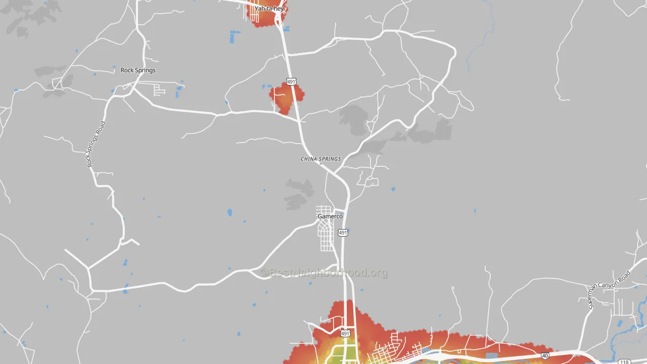 Walk Grade map of Gamerco, NM, walkable areas in green and car-dependent areas in red
