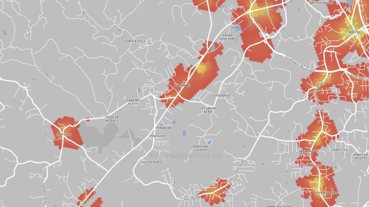Walk Grade map of Gamewell, NC, walkable areas in green and car-dependent areas in red