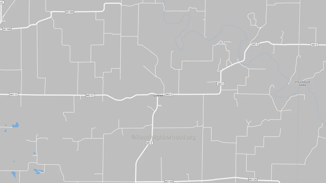 Walk Grade map of Gamma, MO, walkable areas in green and car-dependent areas in red