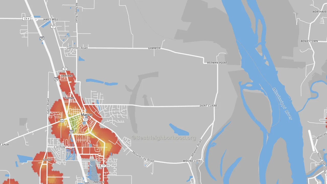Walk Grade map of Gammon, AR, walkable areas in green and car-dependent areas in red