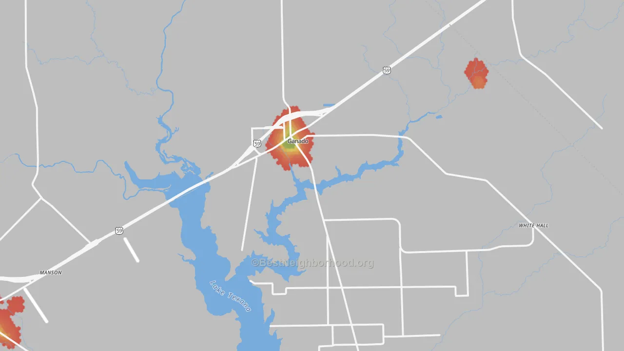 Walk Grade map of Ganado, TX, walkable areas in green and car-dependent areas in red