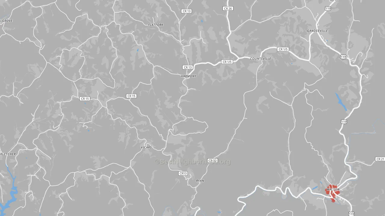 Walk Grade map of Gandeeville, WV, walkable areas in green and car-dependent areas in red