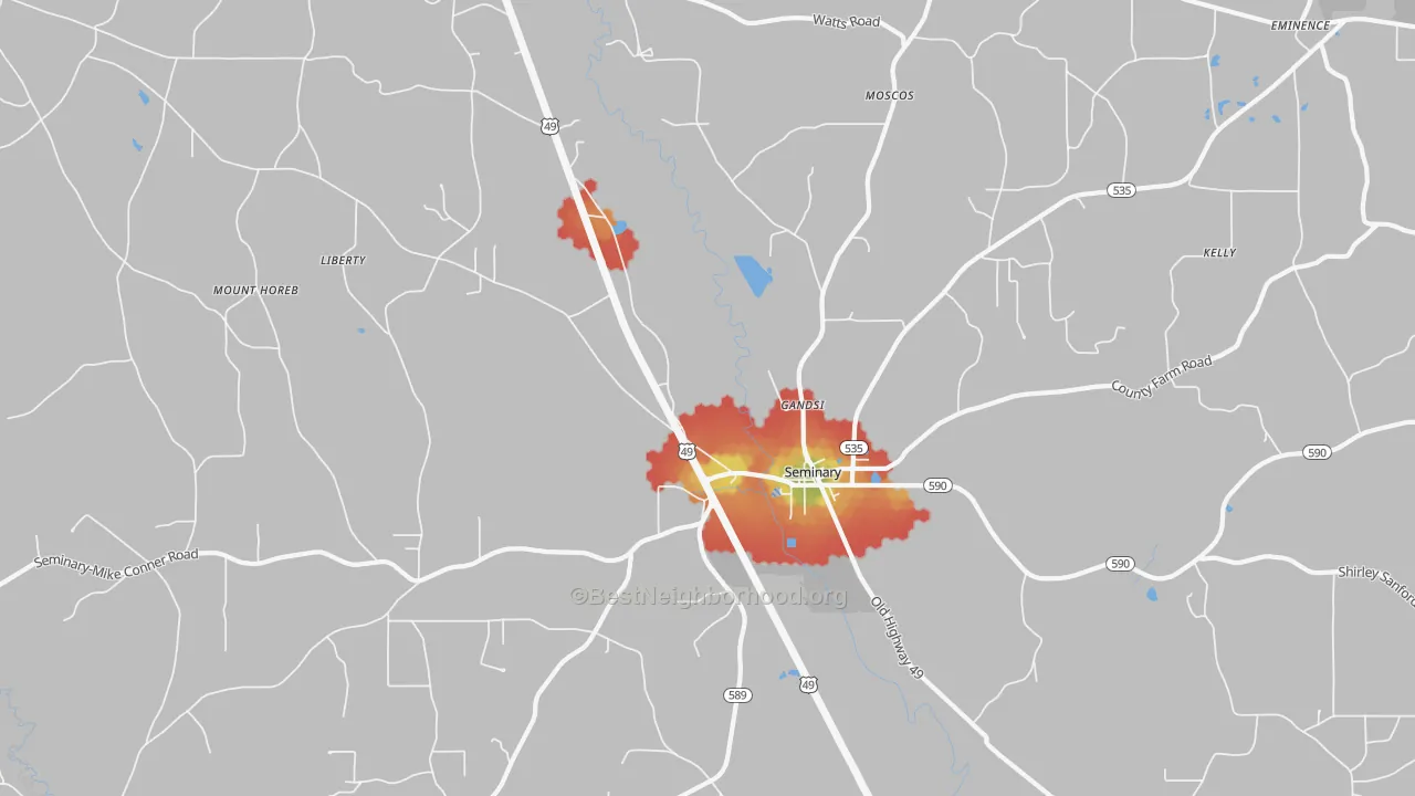 Walk Grade map of Gandsi, MS, walkable areas in green and car-dependent areas in red