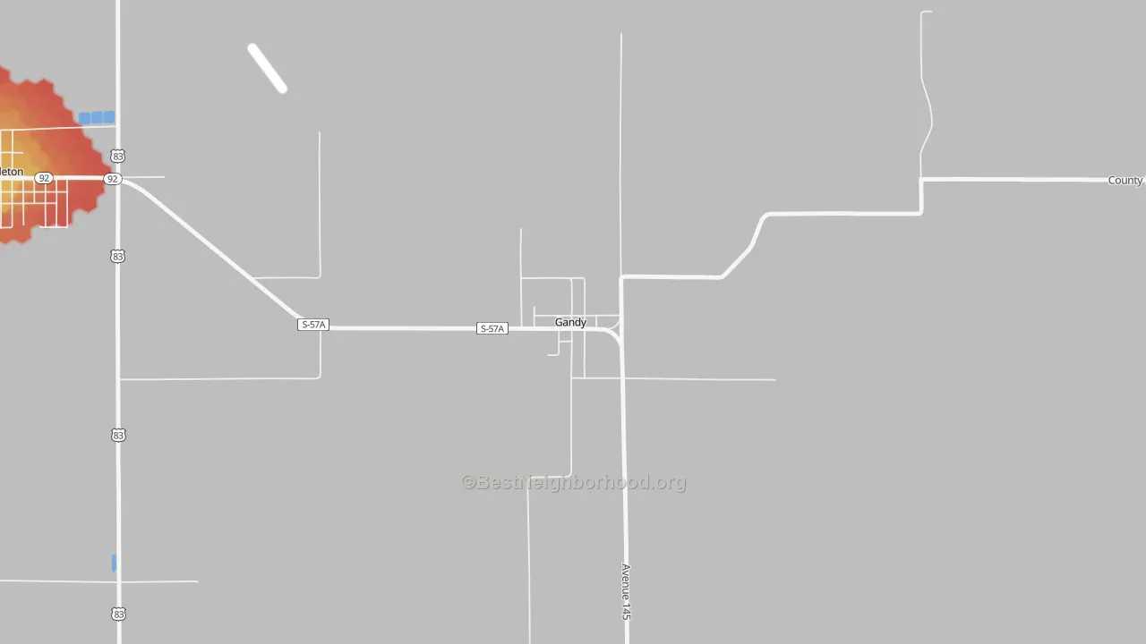 Walk Grade map of Gandy, NE, walkable areas in green and car-dependent areas in red