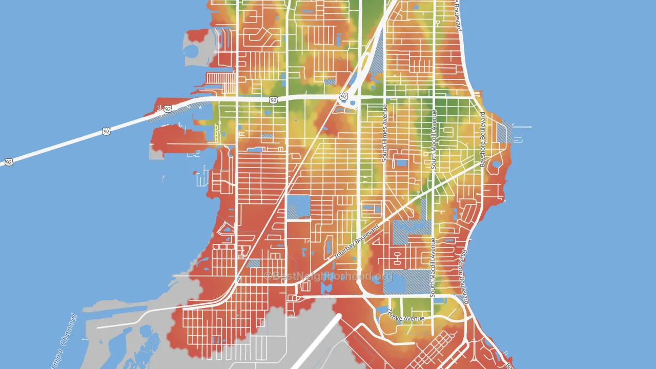 Walk Grade map of Gandy-Sun Bay South, Tampa, FL, walkable areas in green and car-dependent areas in red
