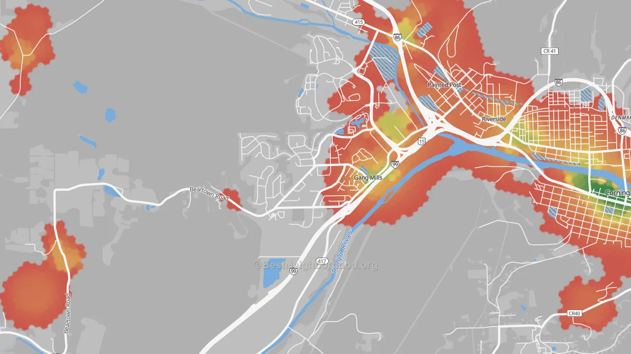 Walk Grade map of Gang Mills, NY, walkable areas in green and car-dependent areas in red