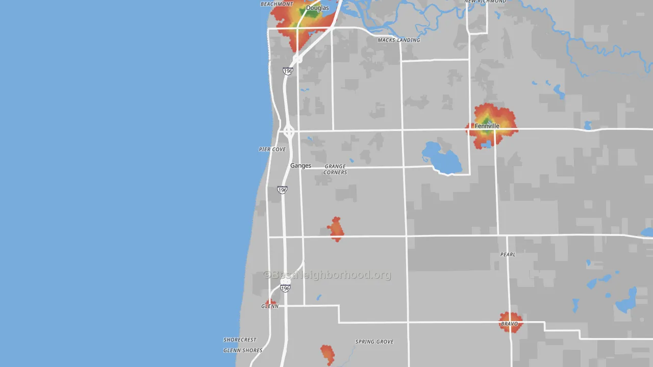 Walk Grade map of Ganges, MI, walkable areas in green and car-dependent areas in red
