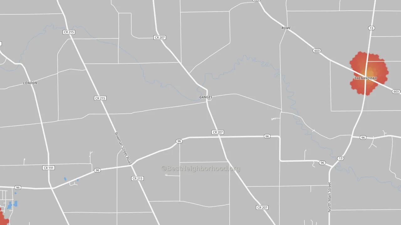 Walk Grade map of Ganges, OH, walkable areas in green and car-dependent areas in red