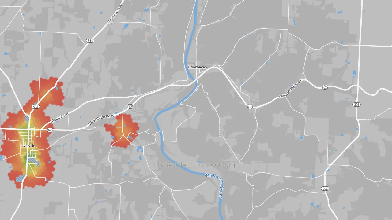 Walk Grade map of Gann, OH, walkable areas in green and car-dependent areas in red