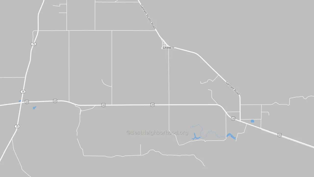 Walk Grade map of Gannett, ID, walkable areas in green and car-dependent areas in red