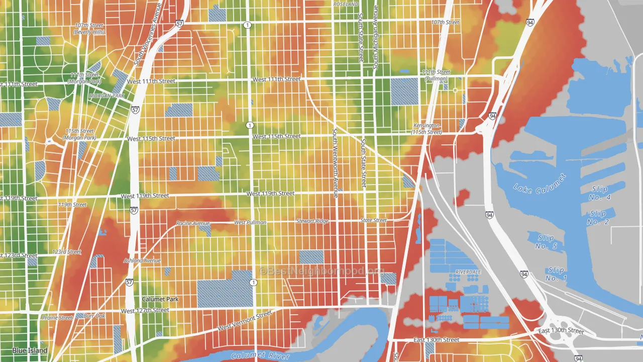 Walk Grade map of Gano, Chicago, IL, walkable areas in green and car-dependent areas in red