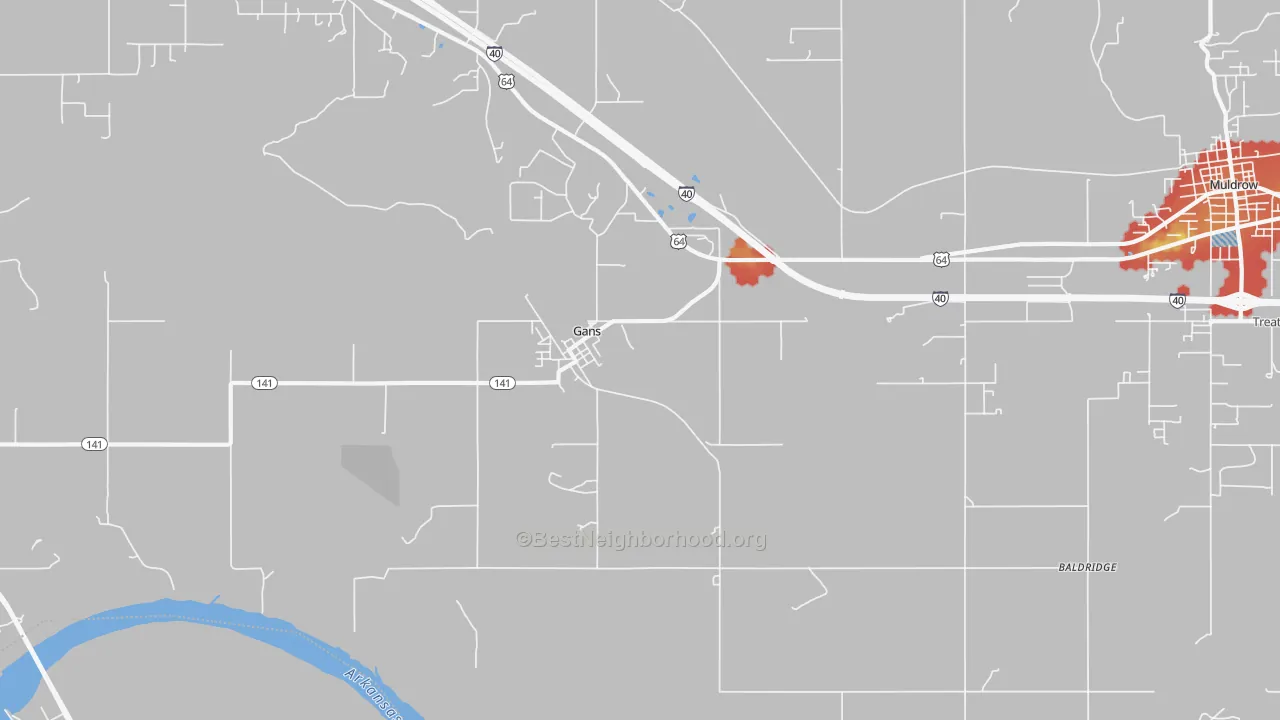 Walk Grade map of Gans, OK, walkable areas in green and car-dependent areas in red