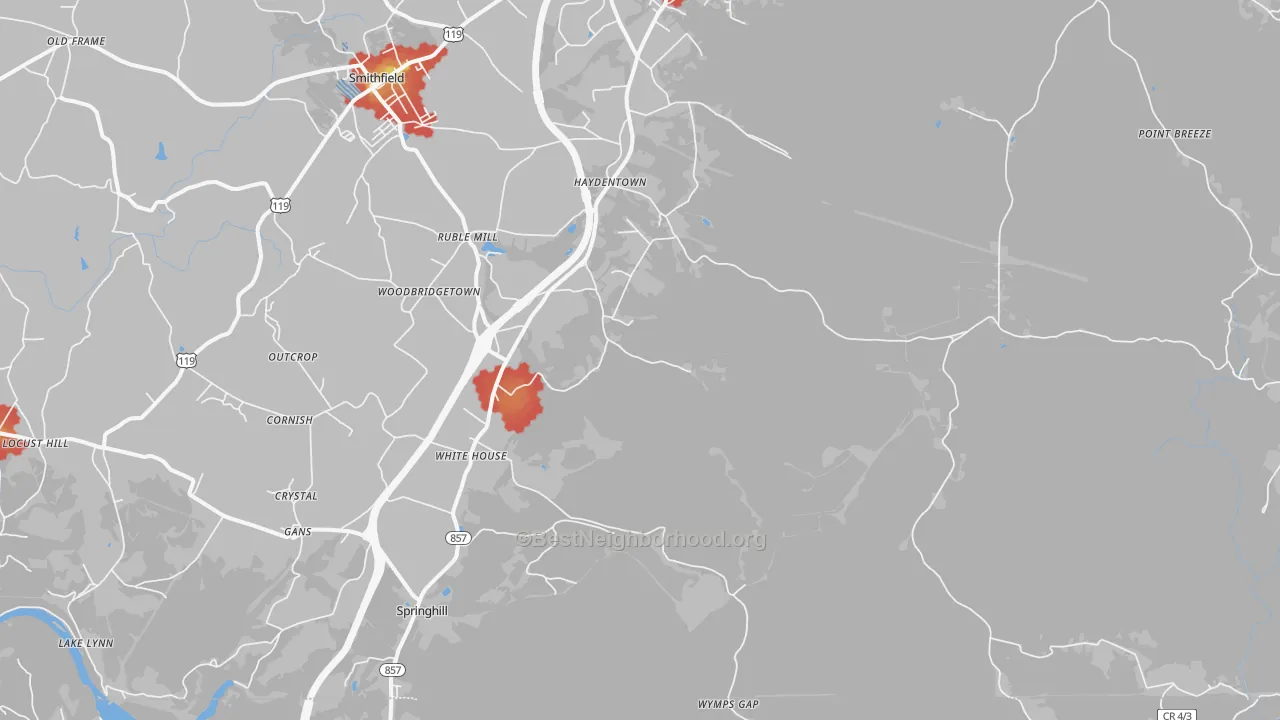 Walk Grade map of Gans, PA, walkable areas in green and car-dependent areas in red