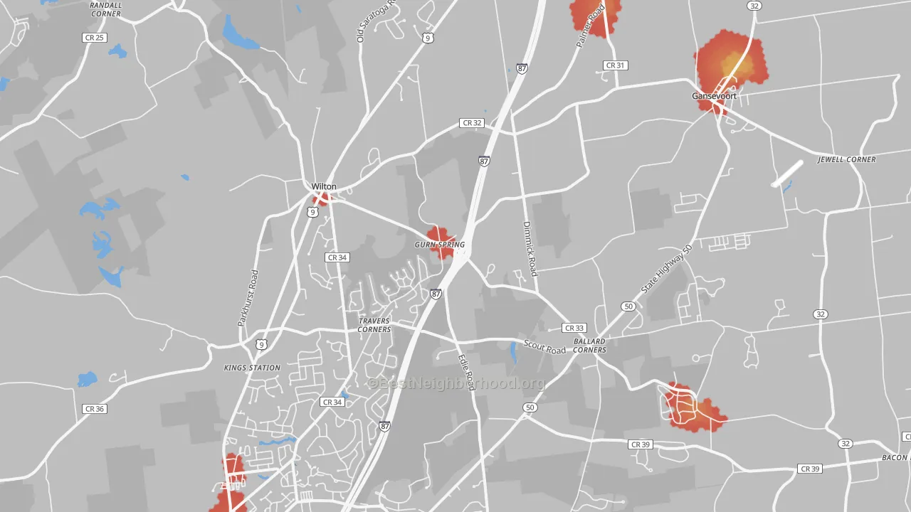 Walk Grade map of Gansevoort, NY, walkable areas in green and car-dependent areas in red