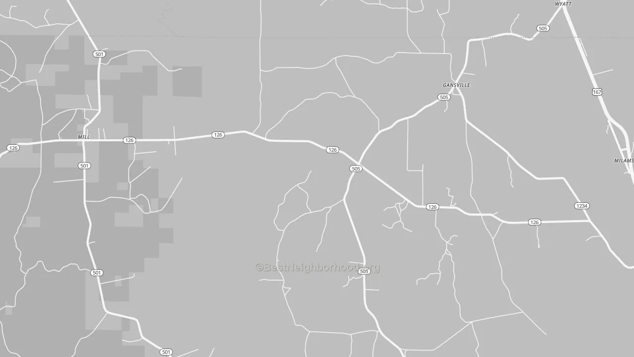 Walk Grade map of Gansville, LA, walkable areas in green and car-dependent areas in red