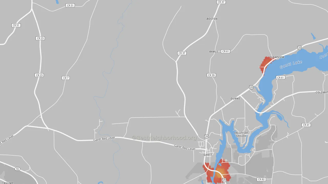 Walk Grade map of Gantt, AL, walkable areas in green and car-dependent areas in red