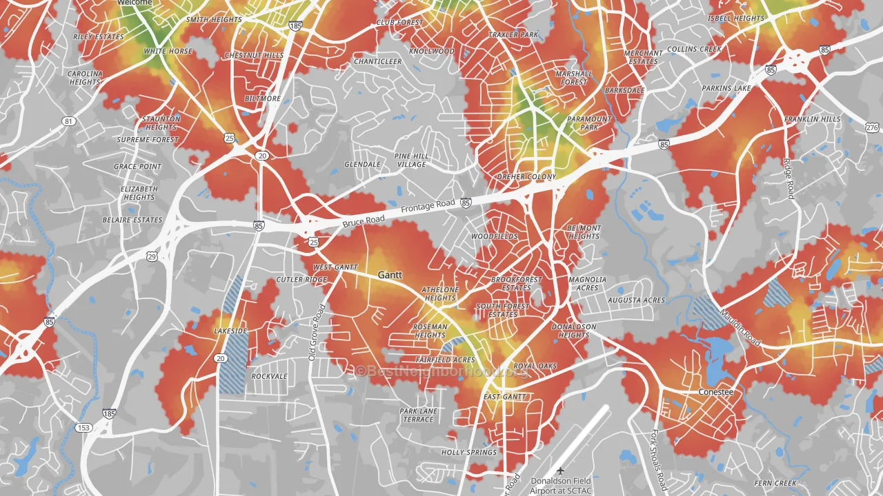 Walk Grade map of Gantt, SC, walkable areas in green and car-dependent areas in red