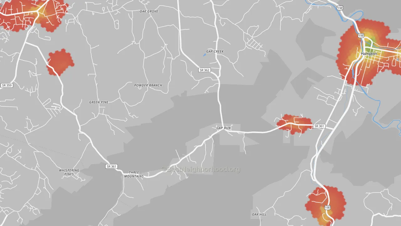 Walk Grade map of Gap Creek, TN, walkable areas in green and car-dependent areas in red