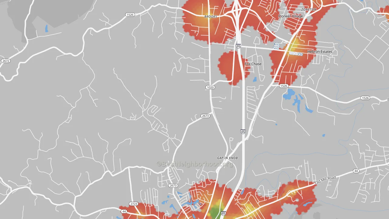 Walk Grade map of Gap in Knob, KY, walkable areas in green and car-dependent areas in red