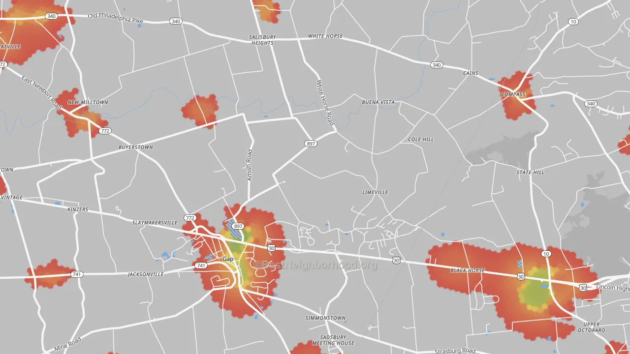 Walk Grade map of Gap, PA, walkable areas in green and car-dependent areas in red