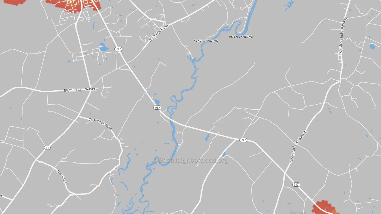 Walk Grade map of Gapway, SC, walkable areas in green and car-dependent areas in red