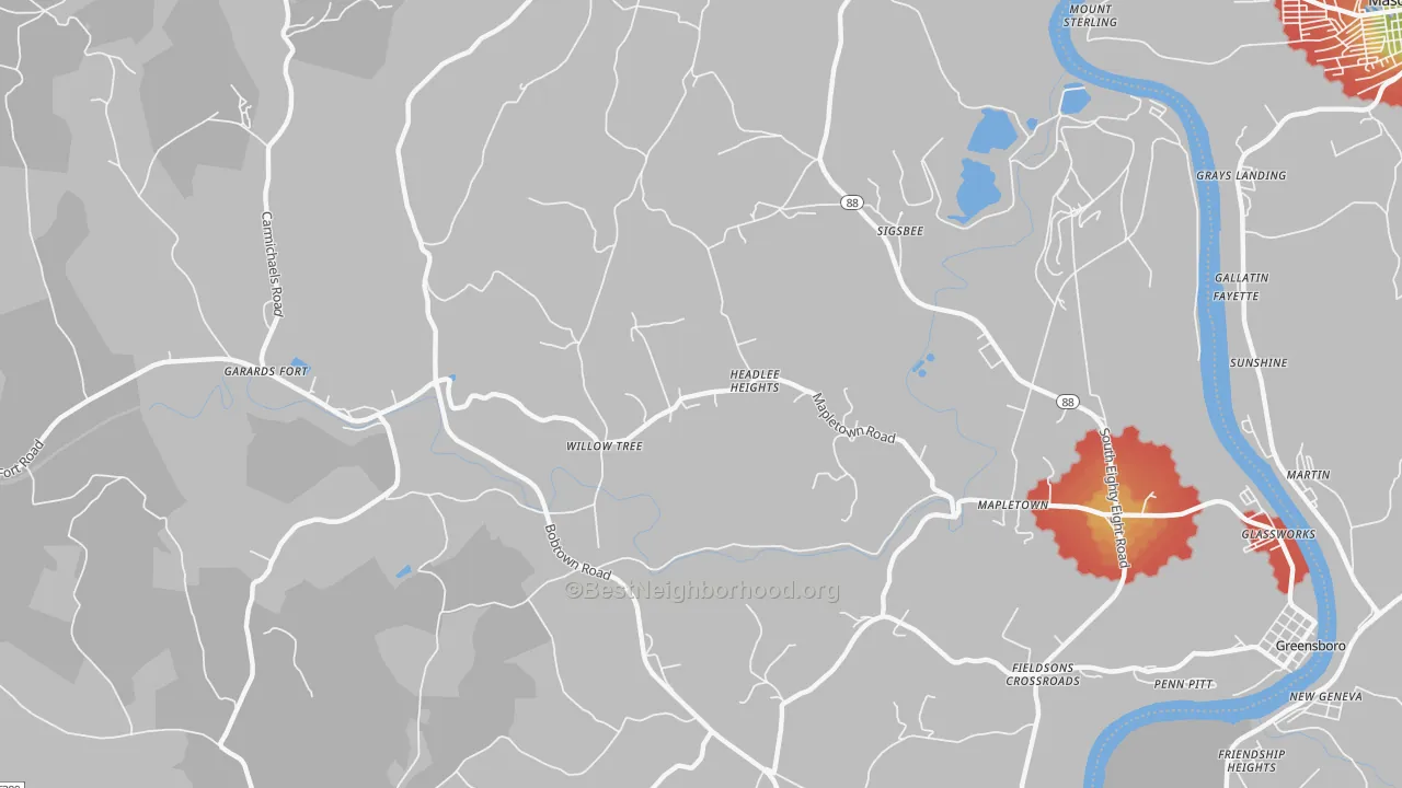 Walk Grade map of Garards Fort, PA, walkable areas in green and car-dependent areas in red