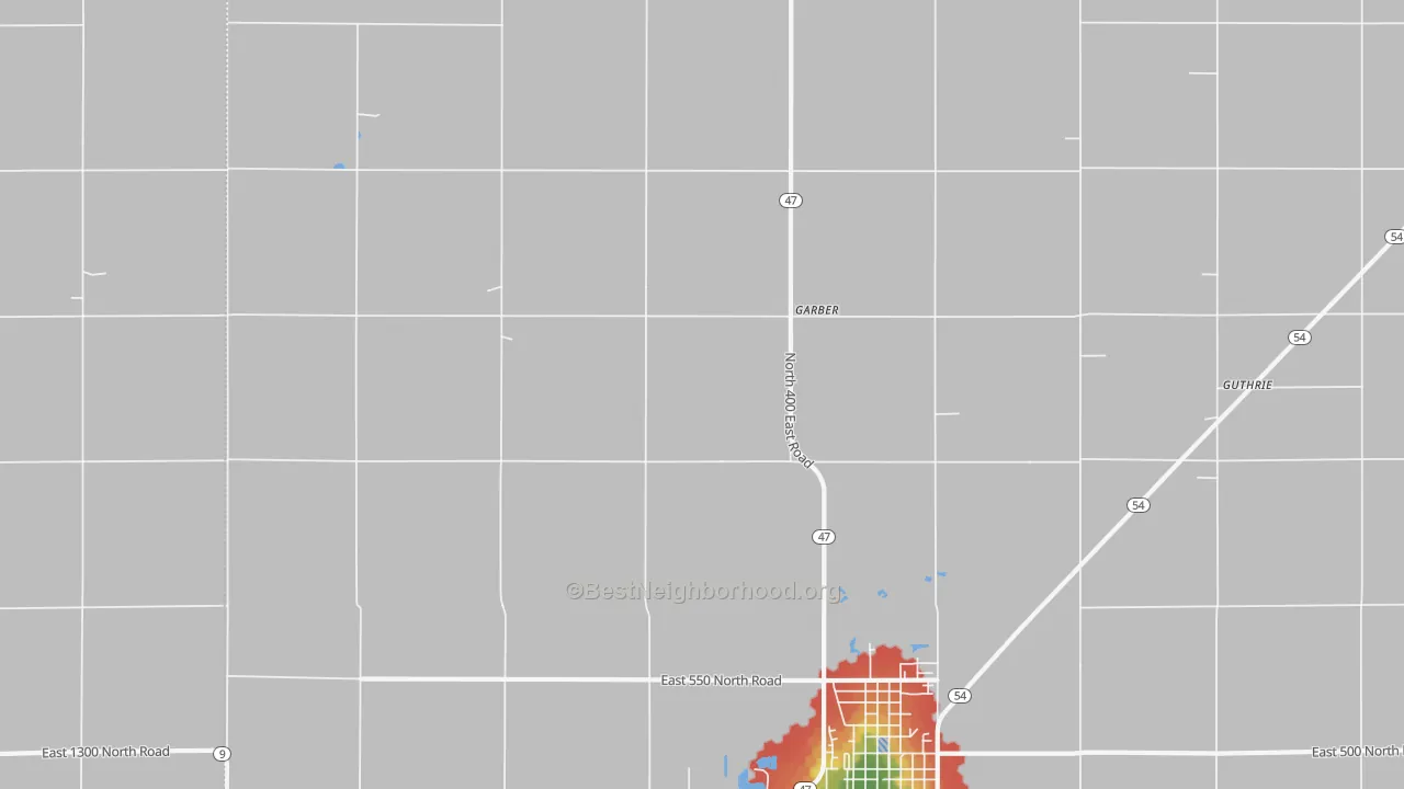 Walk Grade map of Garber, IL, walkable areas in green and car-dependent areas in red