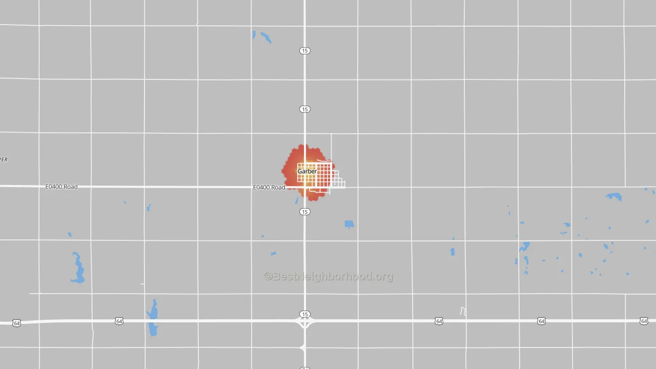Walk Grade map of Garber, OK, walkable areas in green and car-dependent areas in red