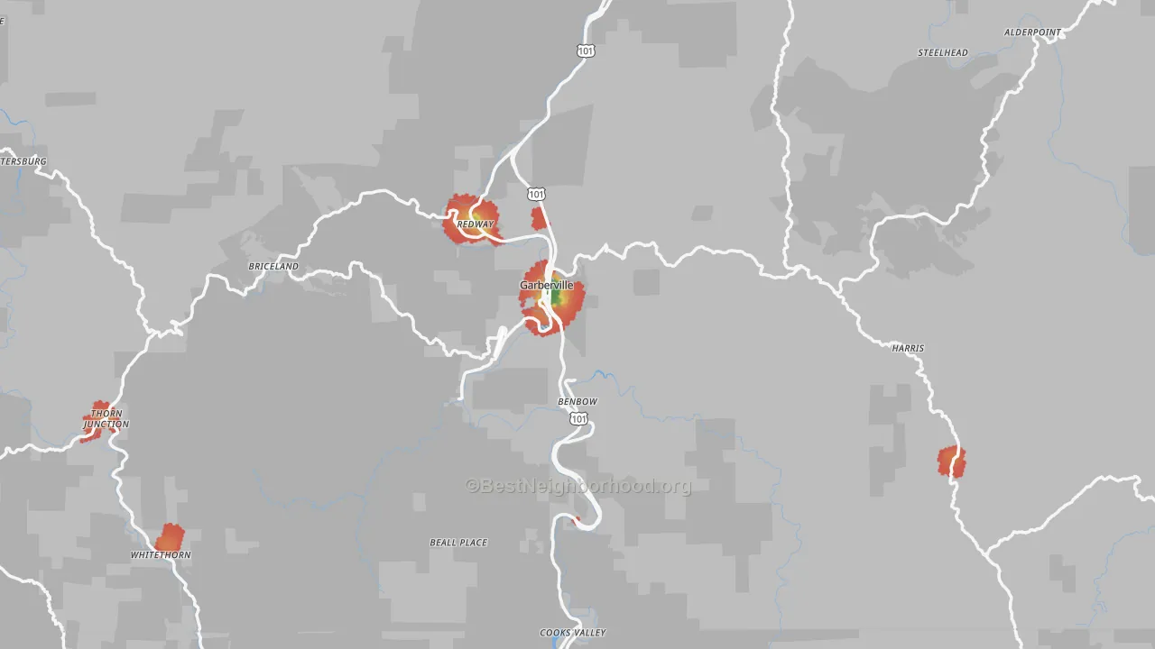 Walk Grade map of Garberville, CA, walkable areas in green and car-dependent areas in red