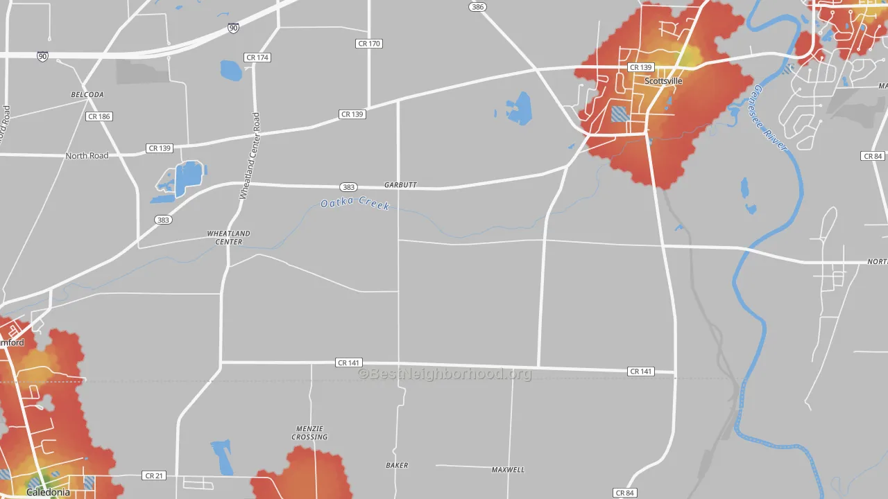 Walk Grade map of Garbutt, NY, walkable areas in green and car-dependent areas in red