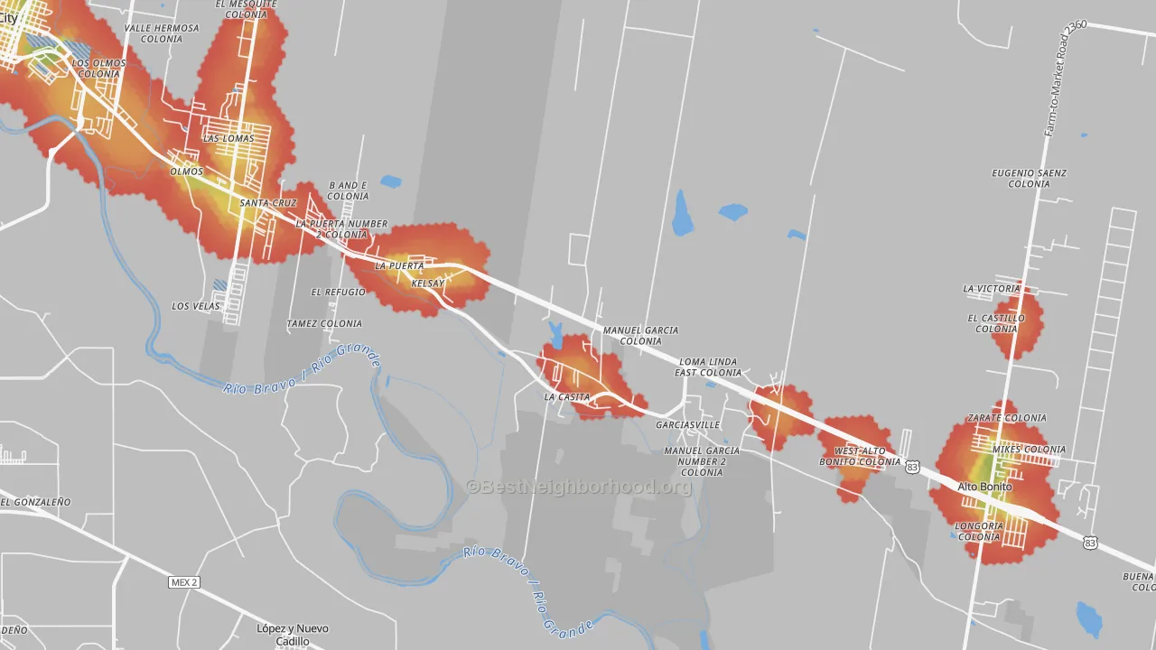 Walk Grade map of Garciasville, TX, walkable areas in green and car-dependent areas in red
