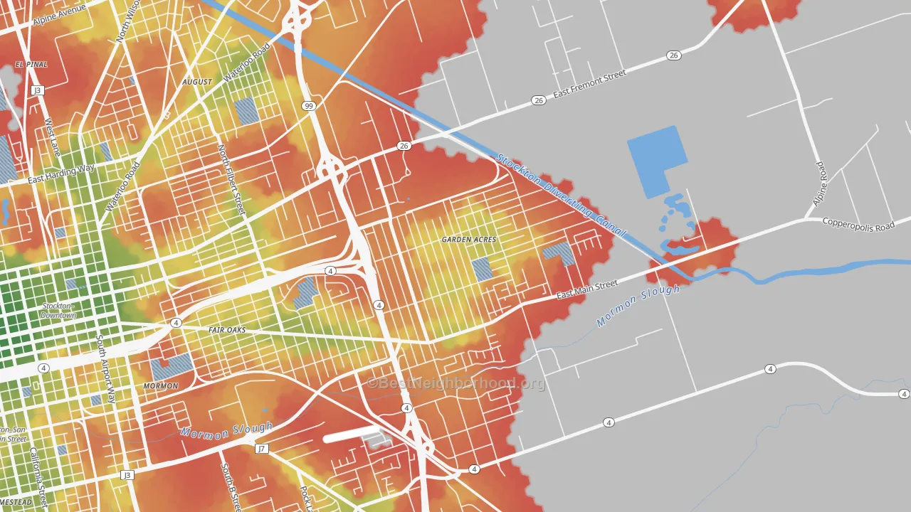 Walk Grade map of Garden Acres, CA, walkable areas in green and car-dependent areas in red
