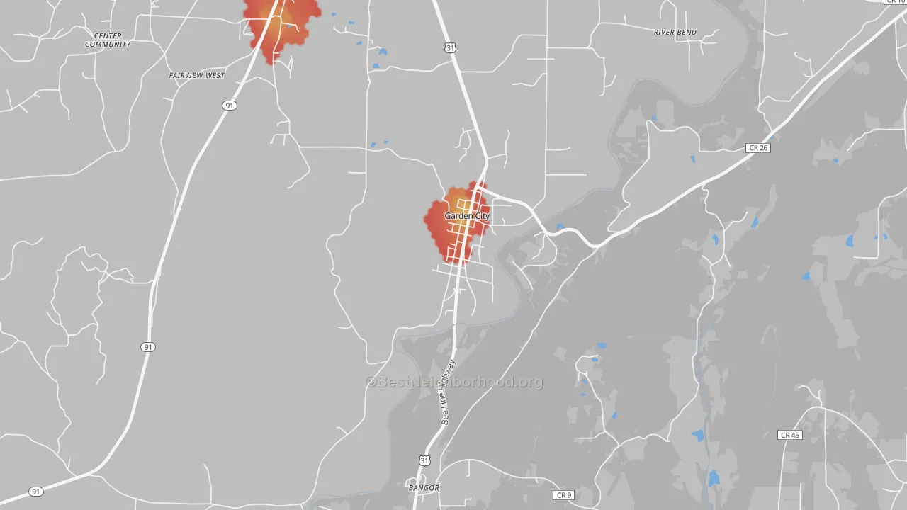 Walk Grade map of Garden City, AL, walkable areas in green and car-dependent areas in red