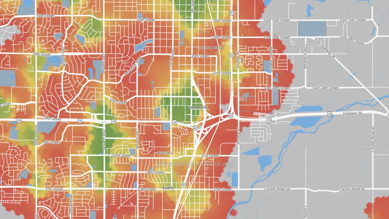 Walk Grade map of Garden City, CO, walkable areas in green and car-dependent areas in red