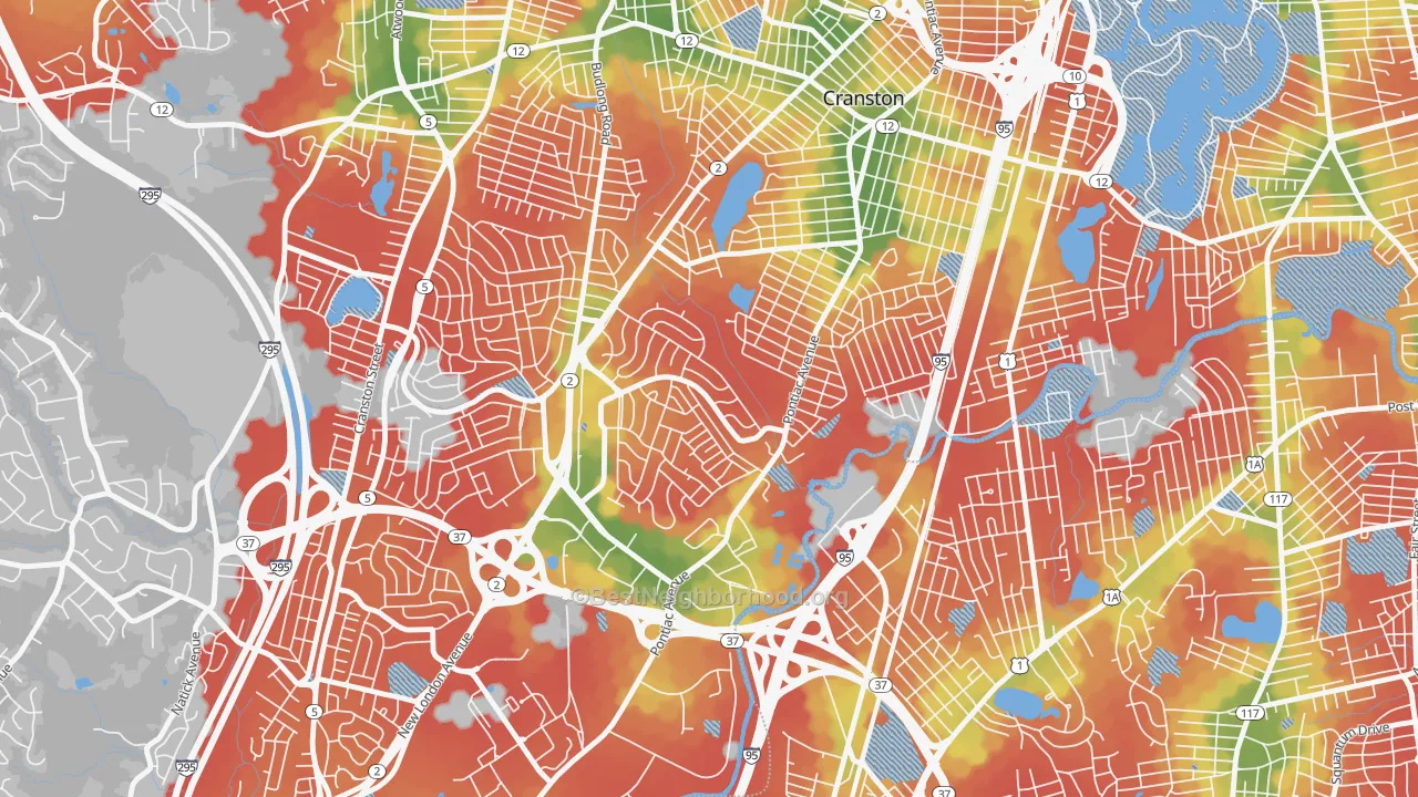 Walk Grade map of Garden City, Cranston, RI, walkable areas in green and car-dependent areas in red