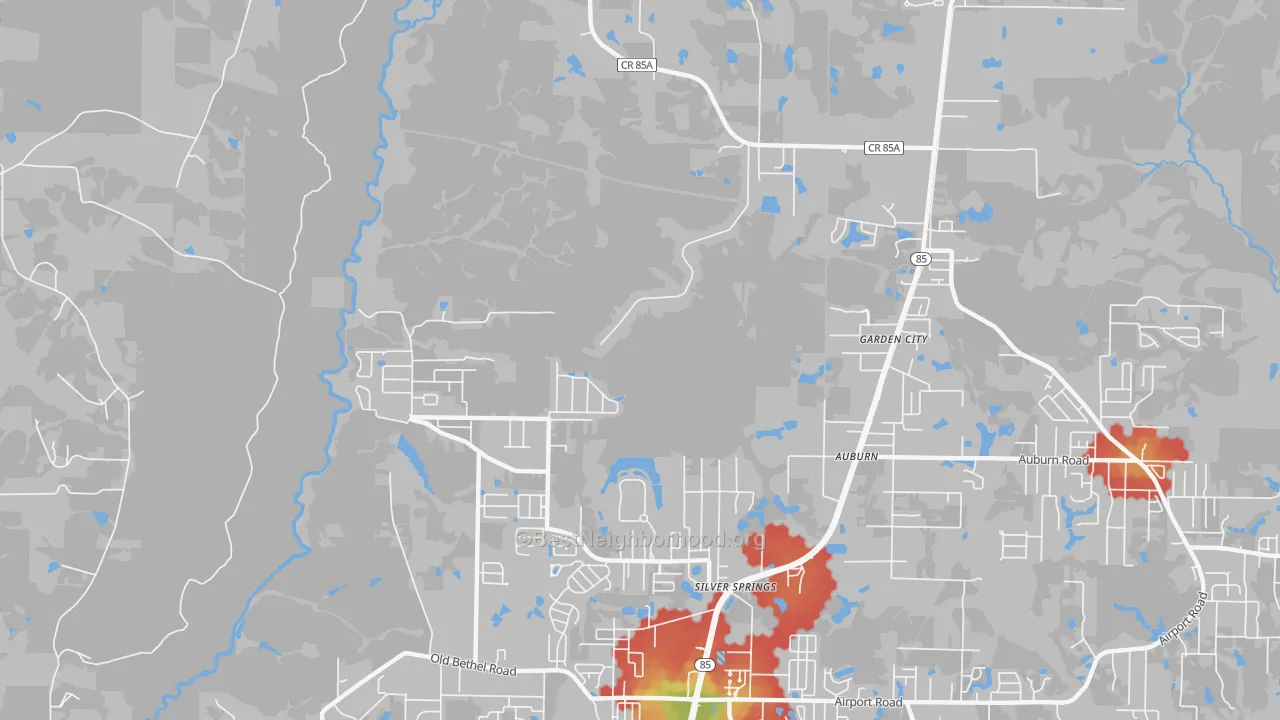 Walk Grade map of Garden City, FL, walkable areas in green and car-dependent areas in red