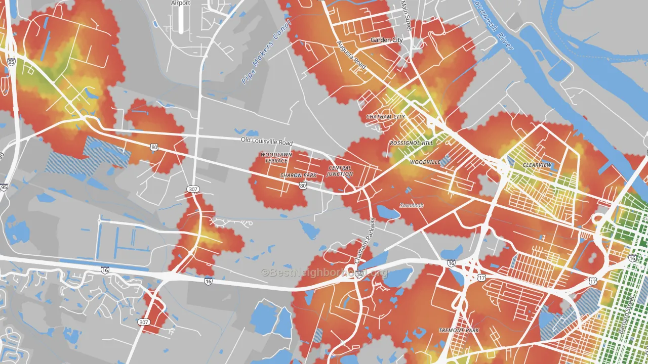 Walk Grade map of Garden City, GA, walkable areas in green and car-dependent areas in red