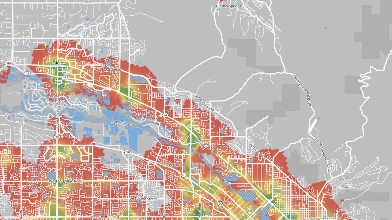 Walk Grade map of Garden City, ID, walkable areas in green and car-dependent areas in red