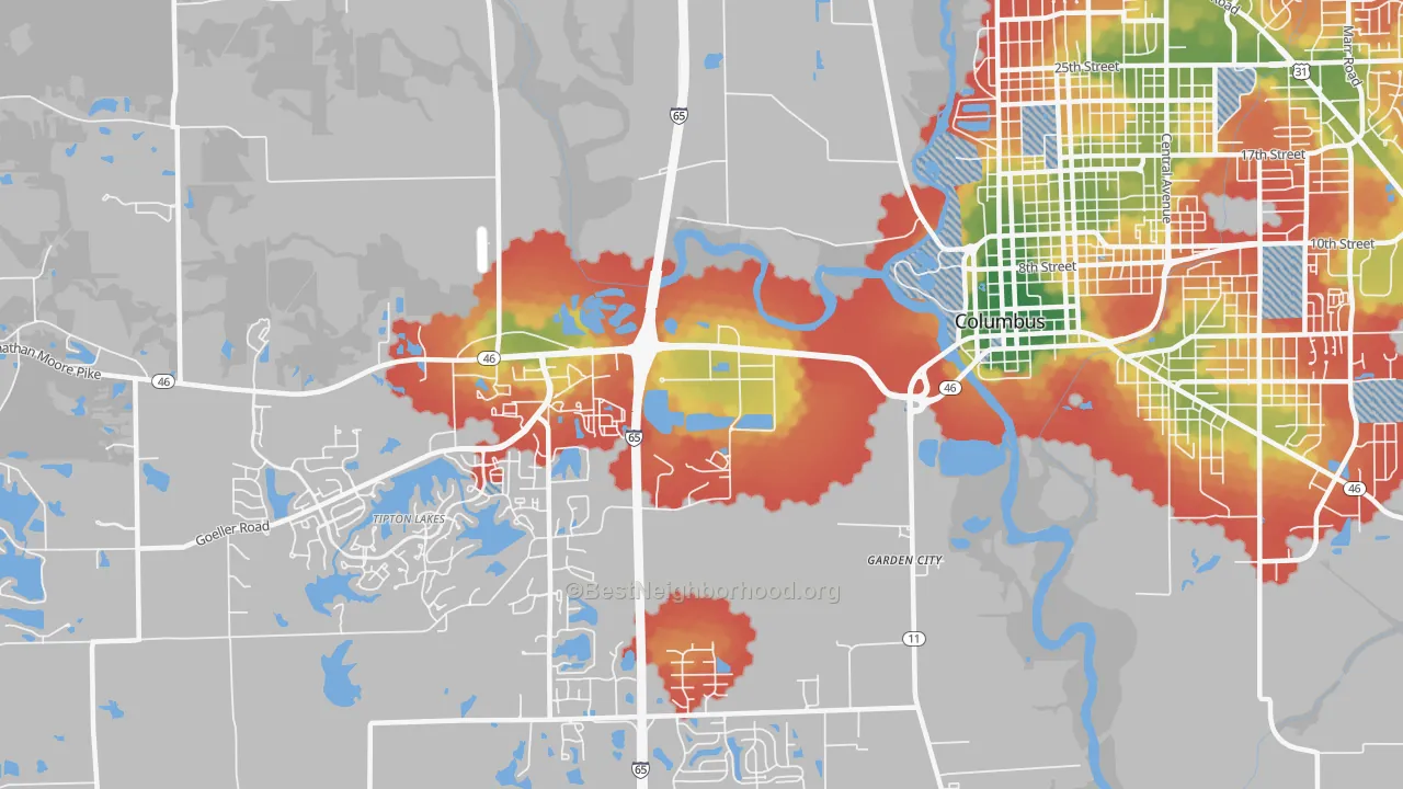 Walk Grade map of Garden City, IN, walkable areas in green and car-dependent areas in red