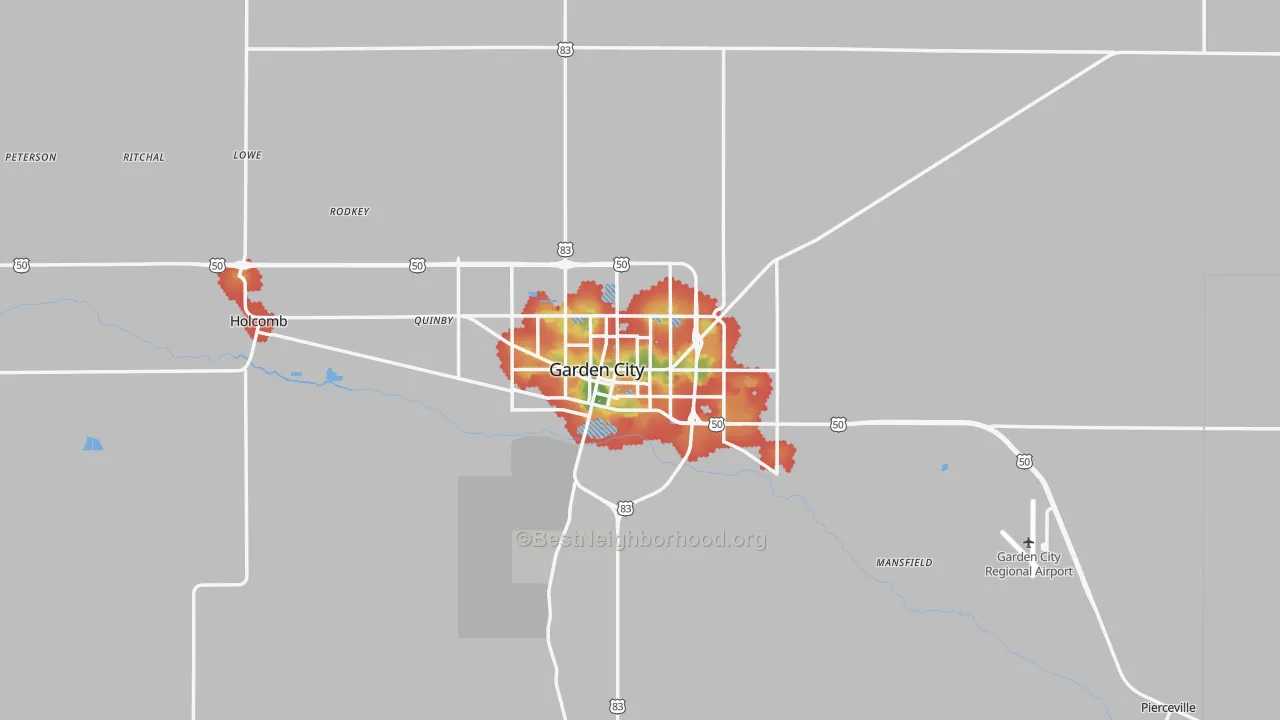 Walk Grade map of Garden City, KS, walkable areas in green and car-dependent areas in red