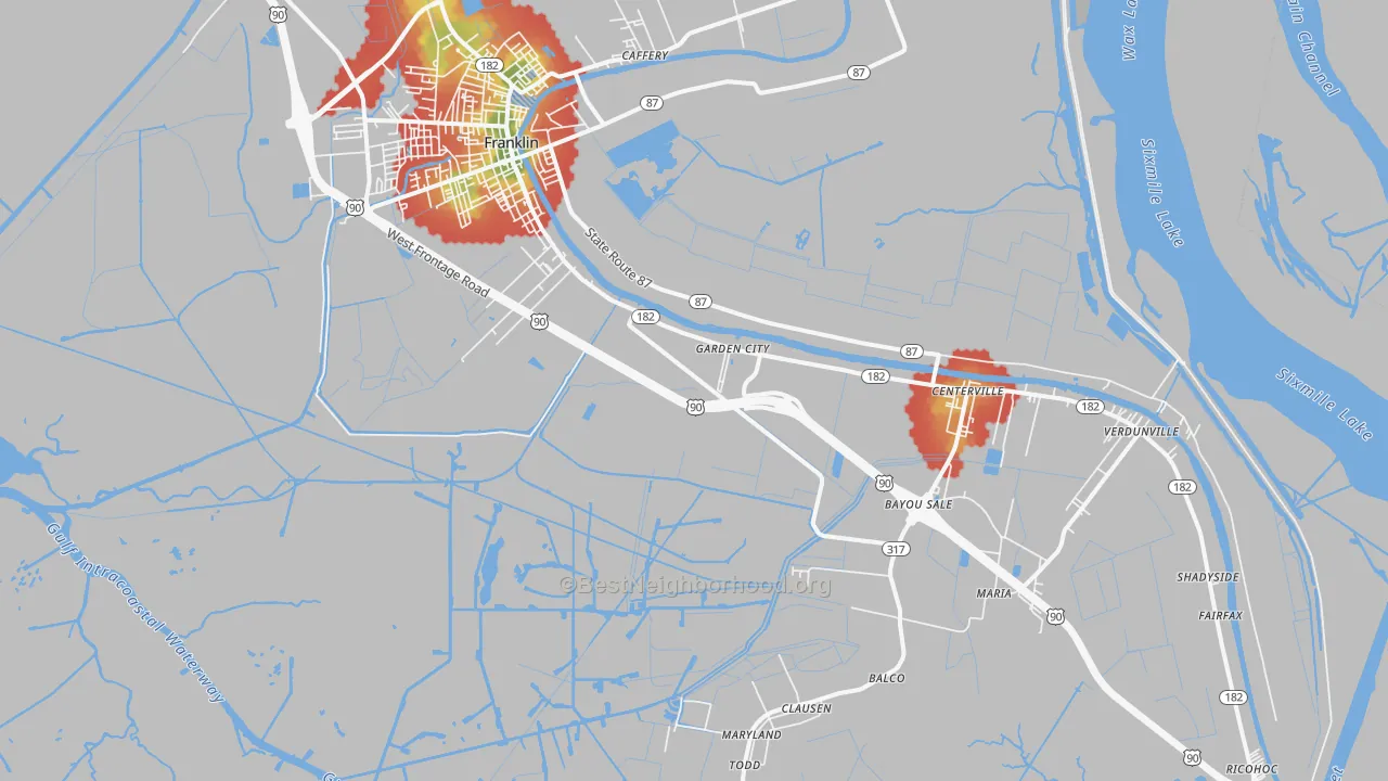 Walk Grade map of Garden City, LA, walkable areas in green and car-dependent areas in red