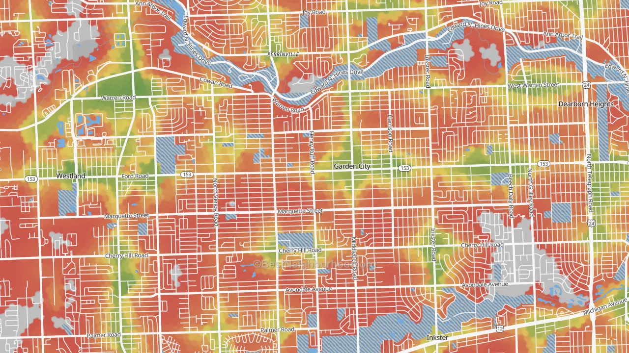 Walk Grade map of Garden City, MI, walkable areas in green and car-dependent areas in red